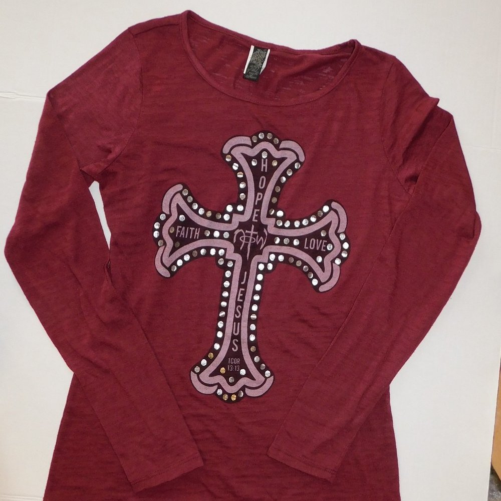 Christian TShirt Cross Maroon Long Sleeve